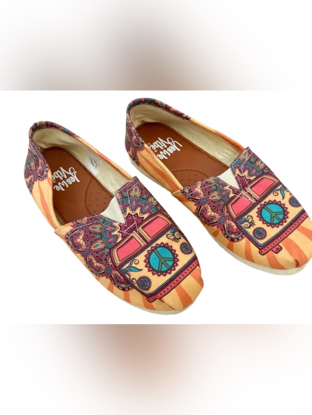 Yes We Vibe Hippie Van Peace Slip On Flats - VW Bus Peace Sign Mandala Boho Fest